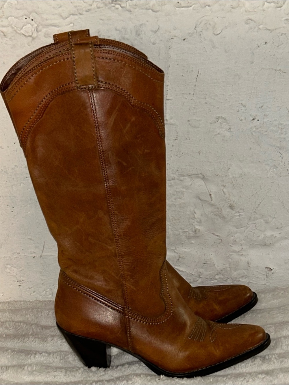 Western Brown Leather Cowboy Boots Dallas 7M Pointed Toe Cowgirl Rodeo Boho